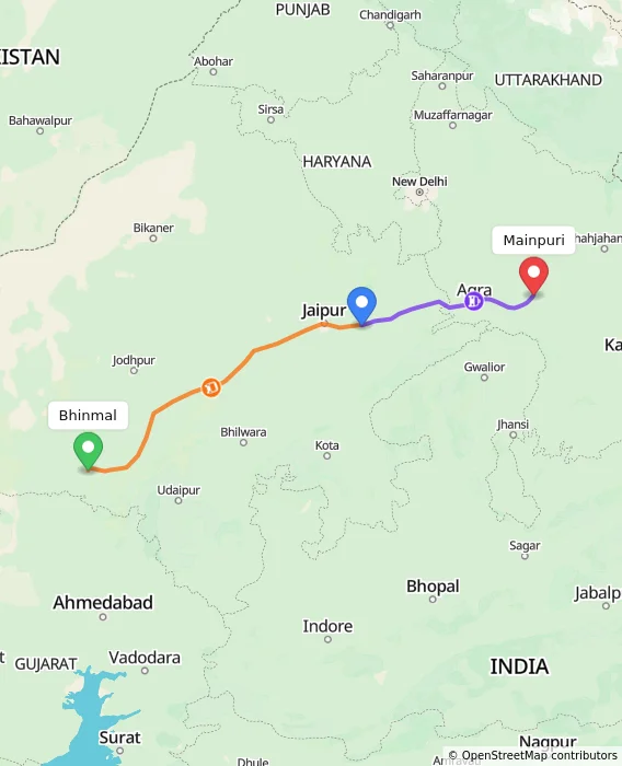 Route map showing distance and travel time from Bhinmal, India to Mainpuri, India