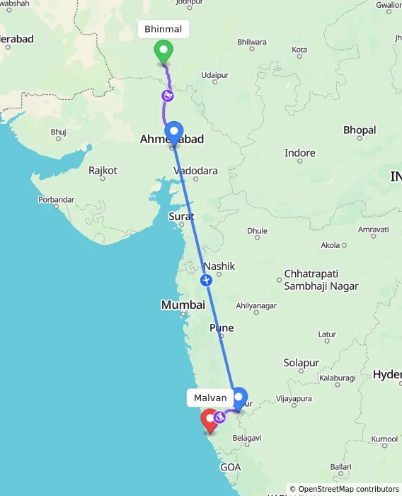 Route map showing distance and travel time from Bhinmal, India to Malvan, India