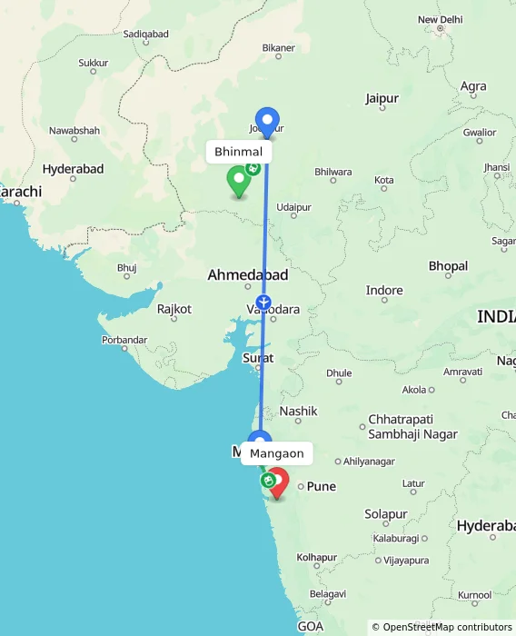 Route map showing distance and travel time from Bhinmal, India to Mangaon, India