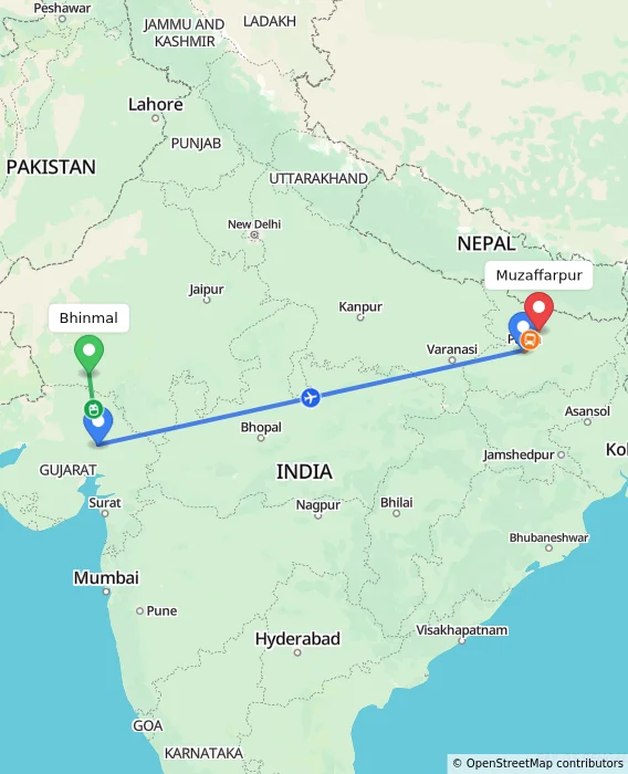 Route map showing distance and travel time from Bhinmal, India to Muzaffarpur, India