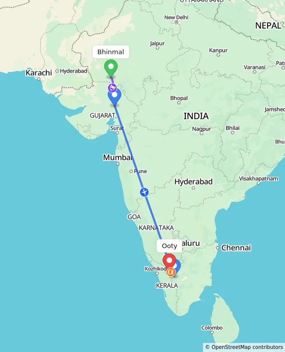 Route map showing distance and travel time from Bhinmal, India to Ooty, India
