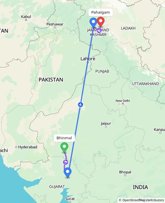 Route map showing distance and travel time from Bhinmal, India to Pahalgam, India