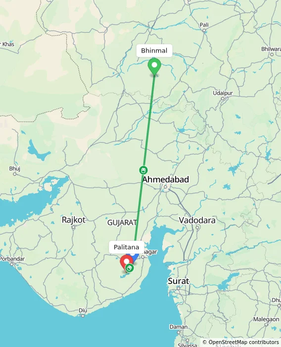 Route map showing distance and travel time from Bhinmal, India to Palitana, India