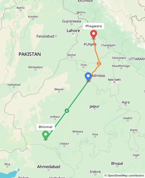 Route map showing distance and travel time from Bhinmal, India to Phagwara, India