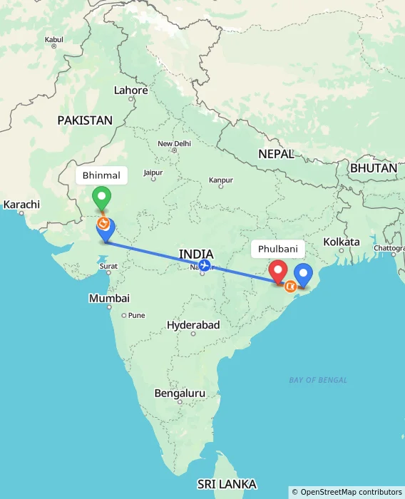Route map showing distance and travel time from Bhinmal, India to Phulbani, India