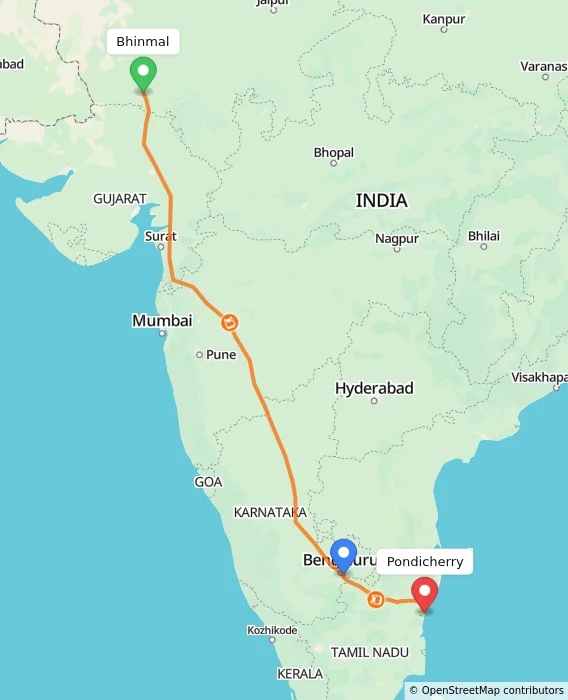 Route map showing distance and travel time from Bhinmal, India to Pondicherry, India