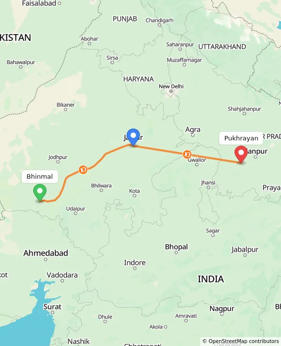 Route map showing distance and travel time from Bhinmal, India to Pukhrayan, India