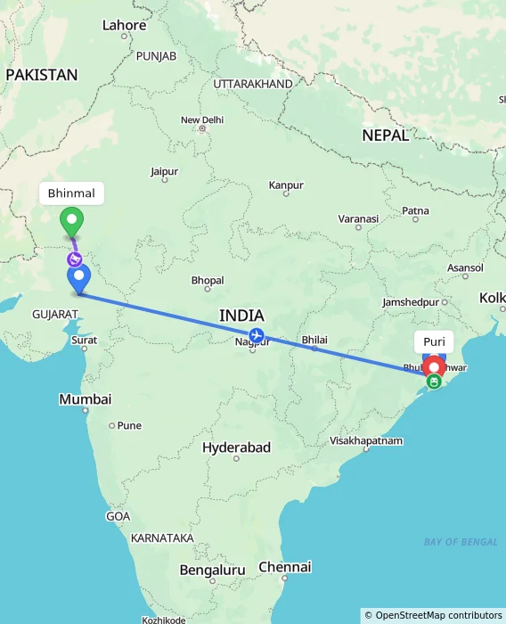 Route map showing distance and travel time from Bhinmal, India to Puri, India