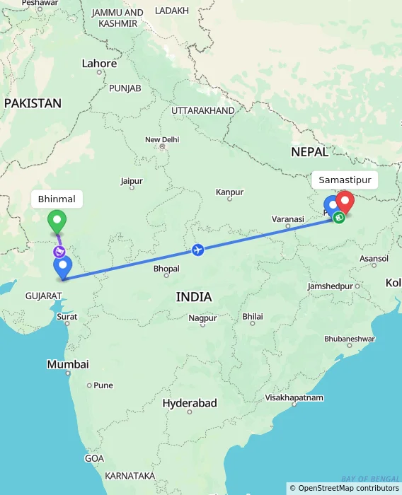 Route map showing distance and travel time from Bhinmal, India to Samastipur, India