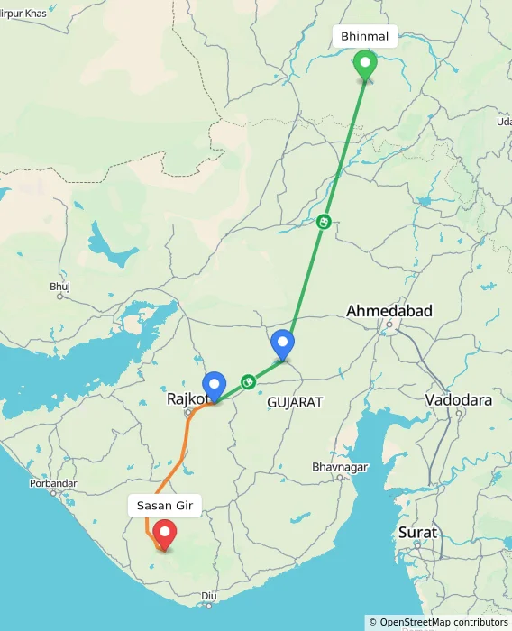 Route map showing distance and travel time from Bhinmal, India to Sasan Gir, India