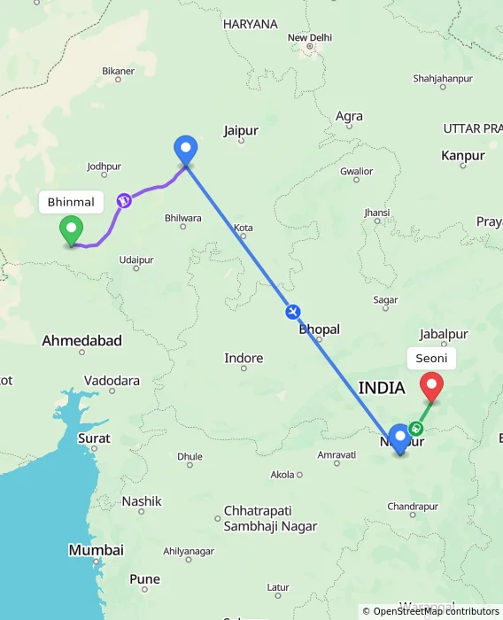 Route map showing distance and travel time from Bhinmal, India to Seoni, India