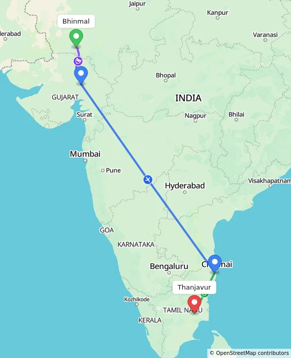 Route map showing distance and travel time from Bhinmal, India to Thanjavur, India