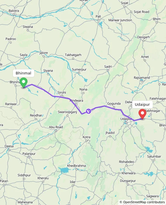Route map showing distance and travel time from Bhinmal, India to Udaipur, India