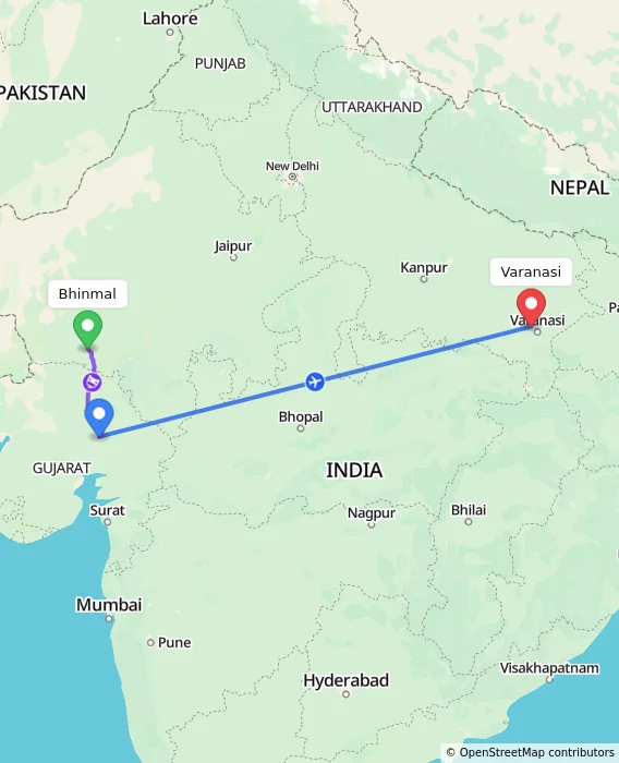 Route map showing distance and travel time from Bhinmal, India to Varanasi, India