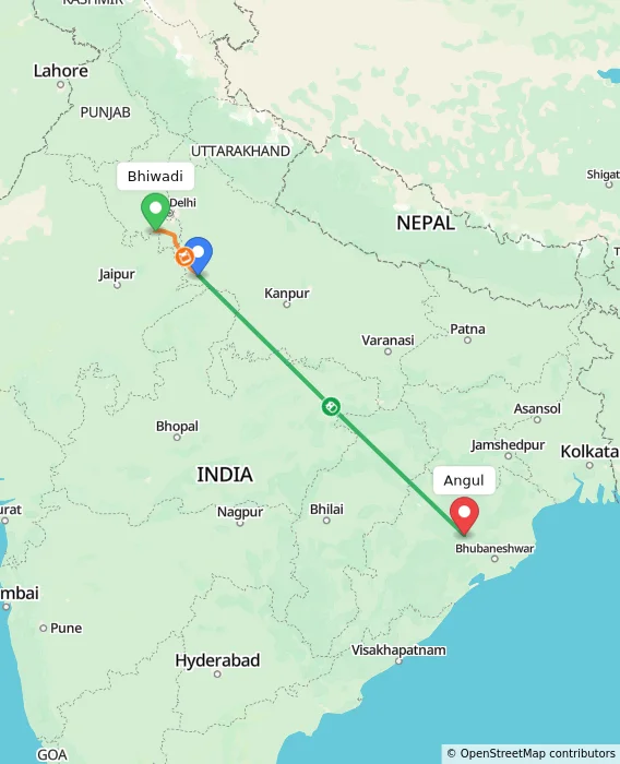 Route map showing distance and travel time from Bhiwadi, India to Angul, India