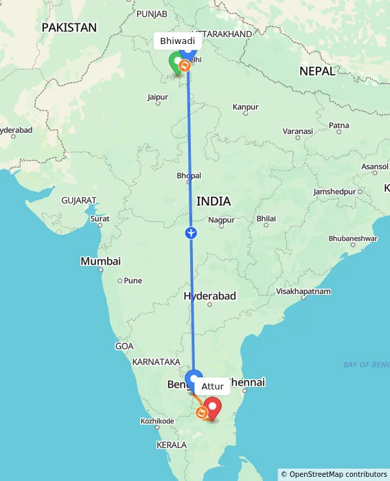 Route map showing distance and travel time from Bhiwadi, India to Attur, India