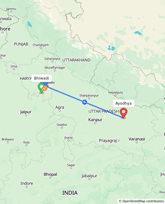 Route map showing distance and travel time from Bhiwadi, India to Ayodhya, India