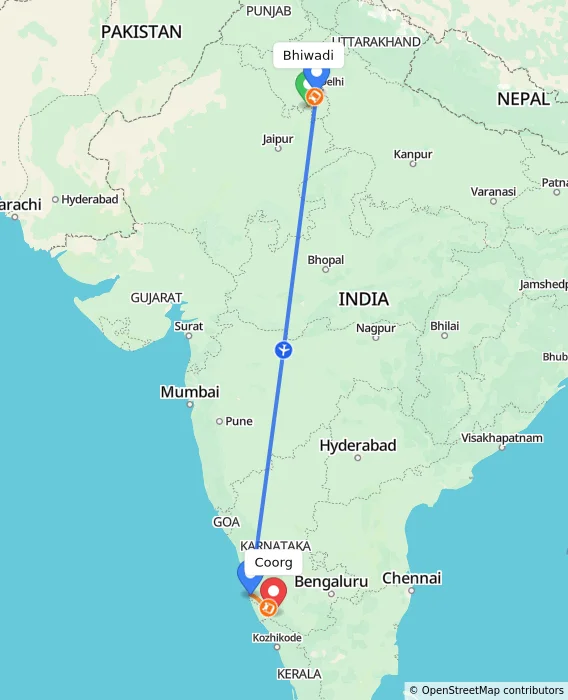 Route map showing distance and travel time from Bhiwadi, India to Coorg, India