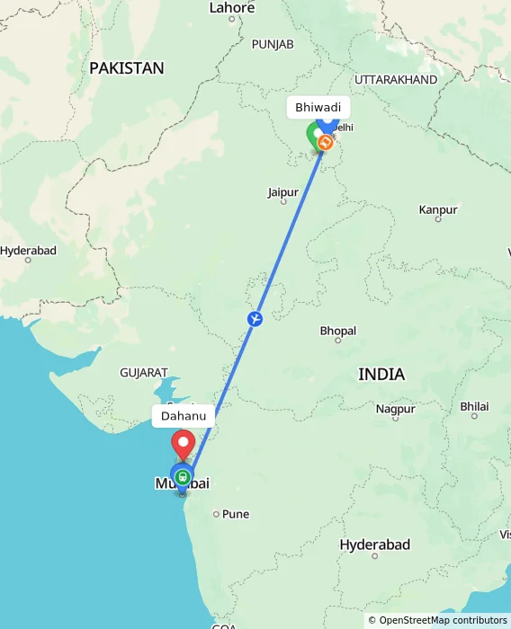 Route map showing distance and travel time from Bhiwadi, India to Dahanu, India