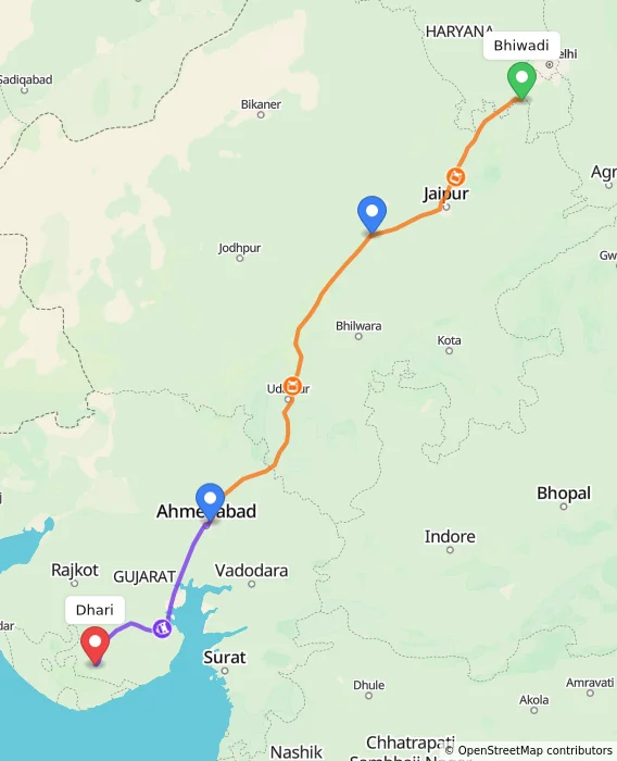 Route map showing distance and travel time from Bhiwadi, India to Dhari, India
