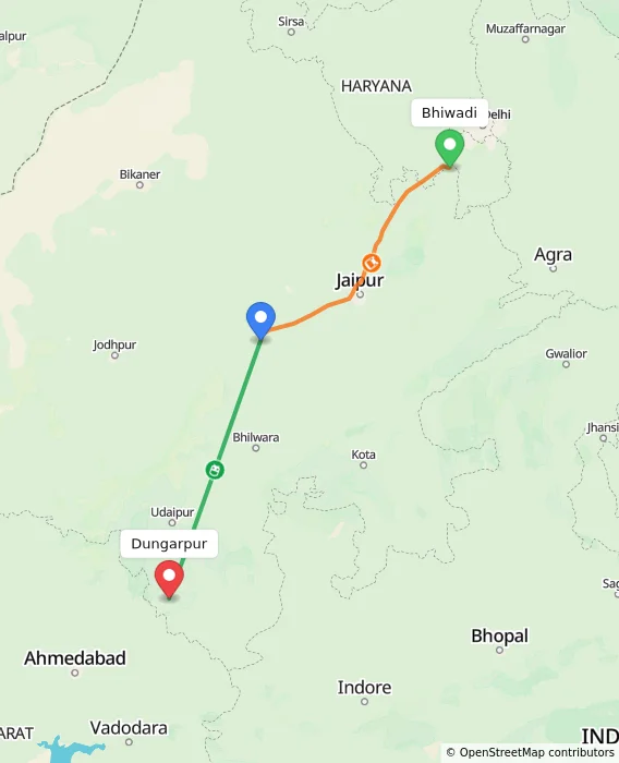 Route map showing distance and travel time from Bhiwadi, India to Dungarpur, India