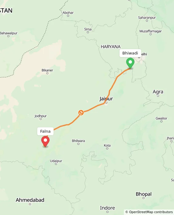 Route map showing distance and travel time from Bhiwadi, India to Falna, India