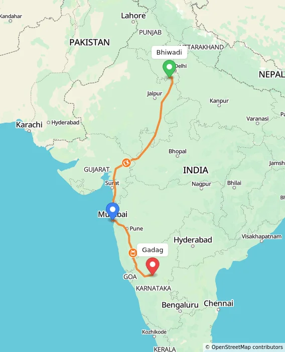 Route map showing distance and travel time from Bhiwadi, India to Gadag, India