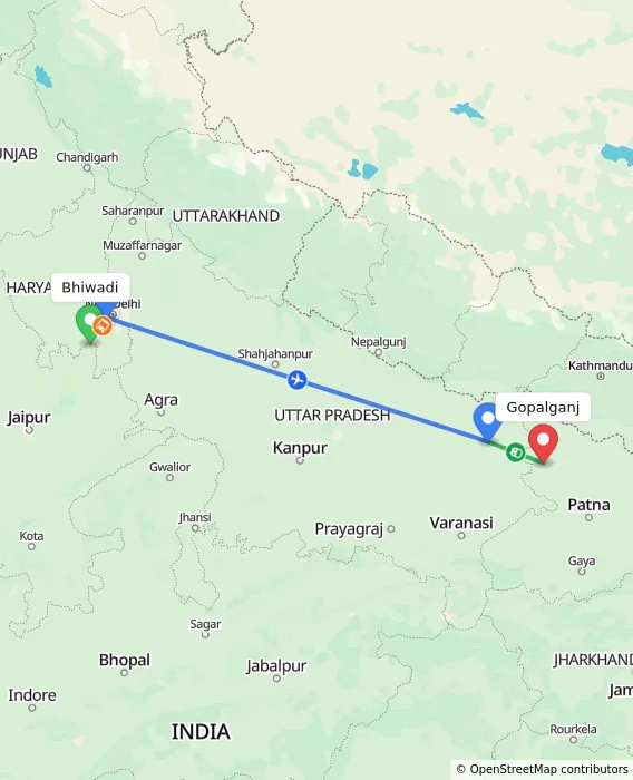 Route map showing distance and travel time from Bhiwadi, India to Gopalganj, India