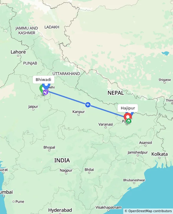Route map showing distance and travel time from Bhiwadi, India to Hajipur, India