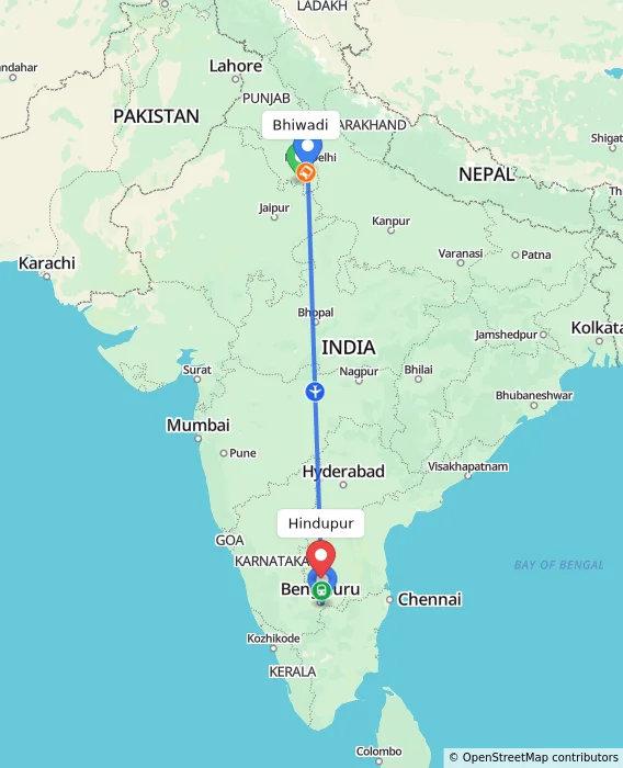 Route map showing distance and travel time from Bhiwadi, India to Hindupur, India