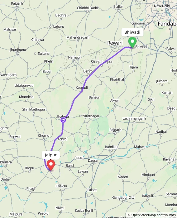 Route map showing distance and travel time from Bhiwadi, India to Jaipur, India