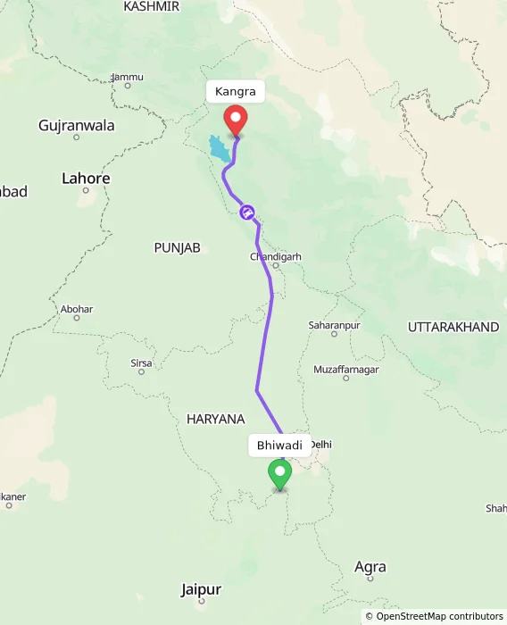 Route map showing distance and travel time from Bhiwadi, India to Kangra, India