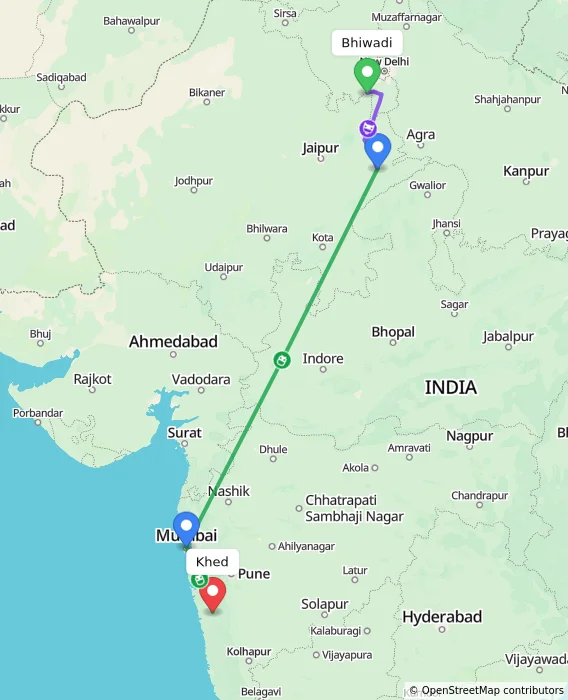 Route map showing distance and travel time from Bhiwadi, India to Khed, India