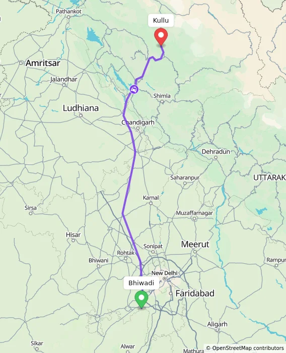 Route map showing distance and travel time from Bhiwadi, India to Kullu, India
