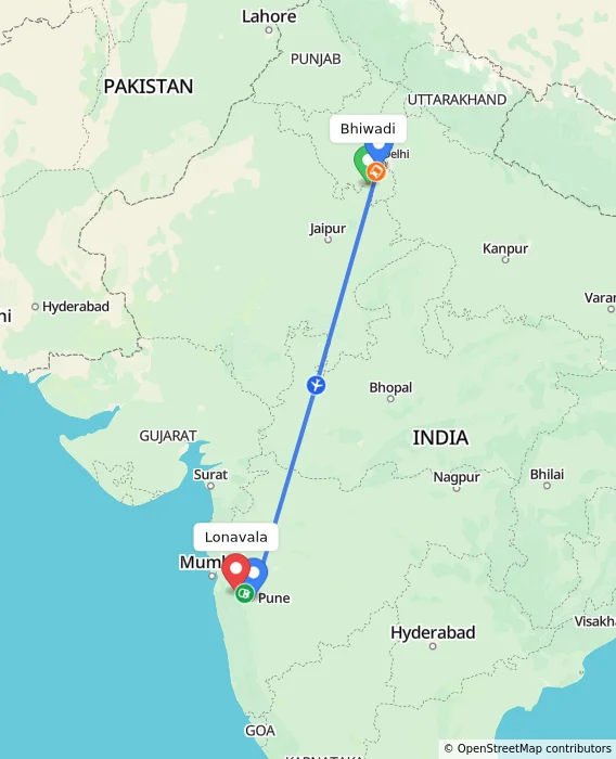 Route map showing distance and travel time from Bhiwadi, India to Lonavala, India