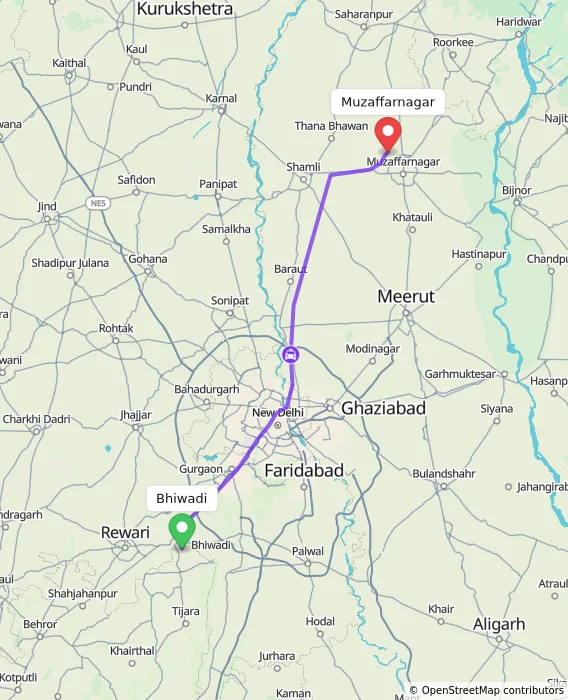 Route map showing distance and travel time from Bhiwadi, India to Muzaffarnagar, India