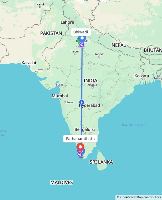 Route map showing distance and travel time from Bhiwadi, India to Pathanamthitta, India