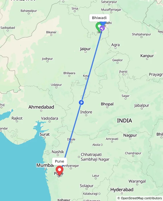 Route map showing distance and travel time from Bhiwadi, India to Pune, India