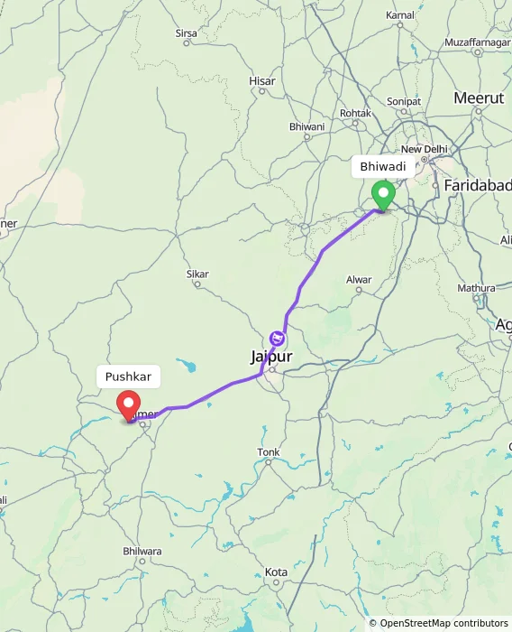 Route map showing distance and travel time from Bhiwadi, India to Pushkar, India