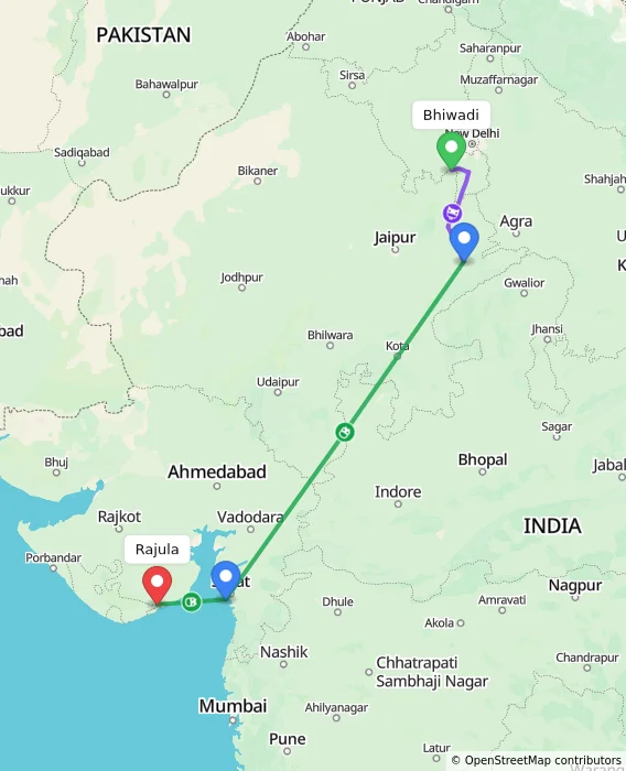 Route map showing distance and travel time from Bhiwadi, India to Rajula, India