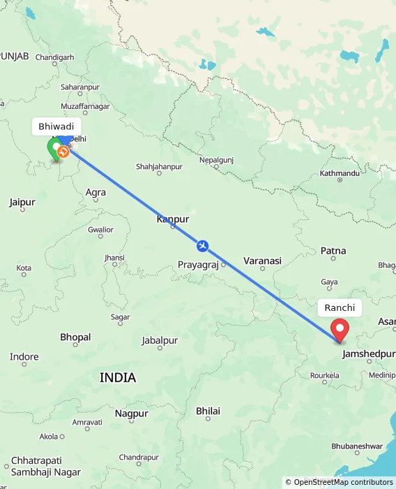 Route map showing distance and travel time from Bhiwadi, India to Ranchi, India
