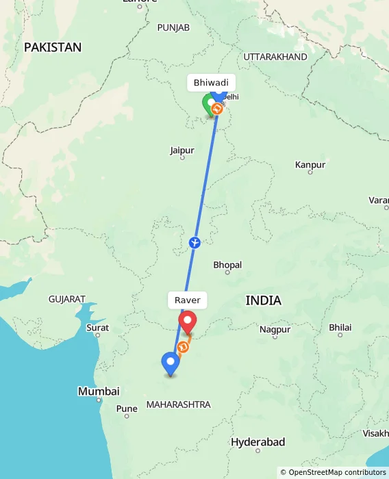 Route map showing distance and travel time from Bhiwadi, India to Raver, India