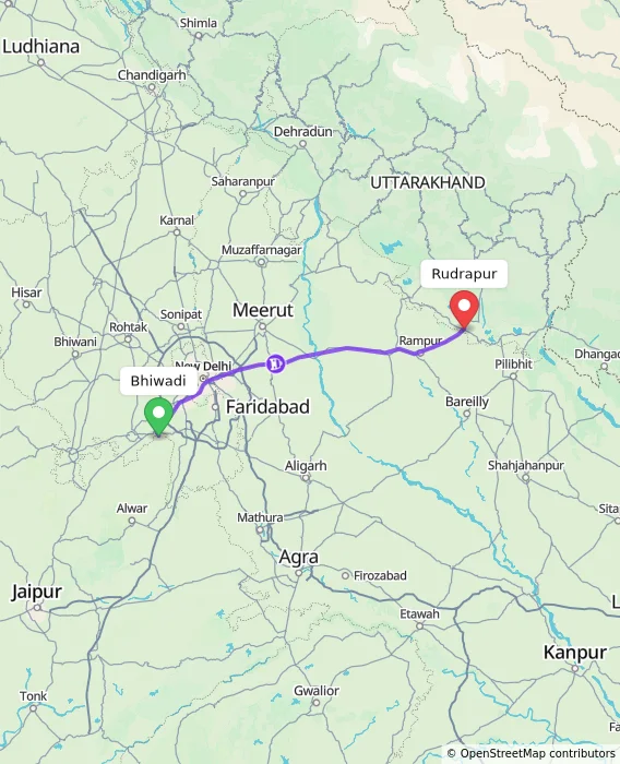 Route map showing distance and travel time from Bhiwadi, India to Rudrapur, India