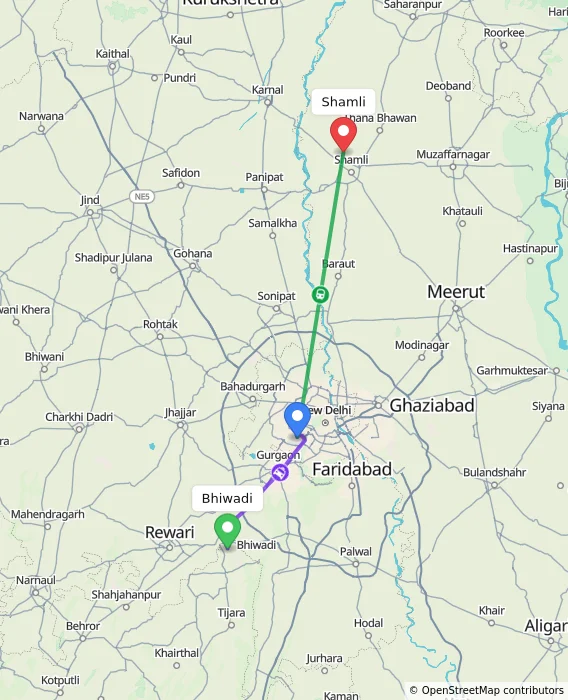 Route map showing distance and travel time from Bhiwadi, India to Shamli, India