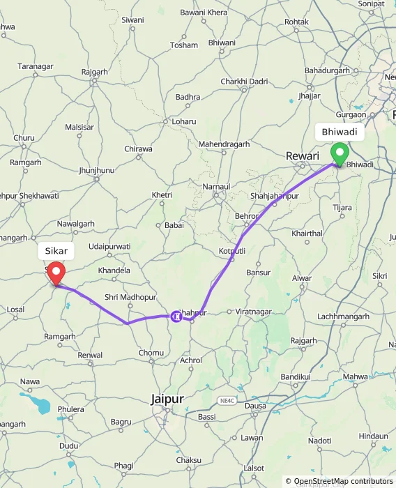 Route map showing distance and travel time from Bhiwadi, India to Sikar, India