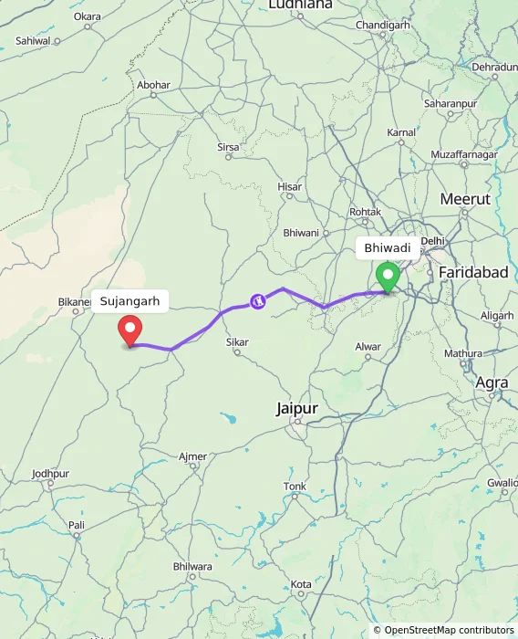 Route map showing distance and travel time from Bhiwadi, India to Sujangarh, India