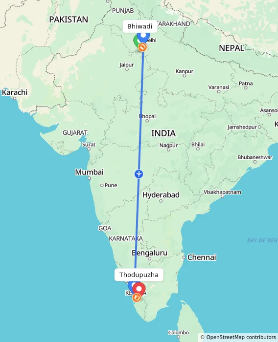 Route map showing distance and travel time from Bhiwadi, India to Thodupuzha, India