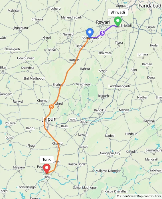 Route map showing distance and travel time from Bhiwadi, India to Tonk, India
