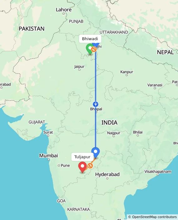 Route map showing distance and travel time from Bhiwadi, India to Tuljapur, India
