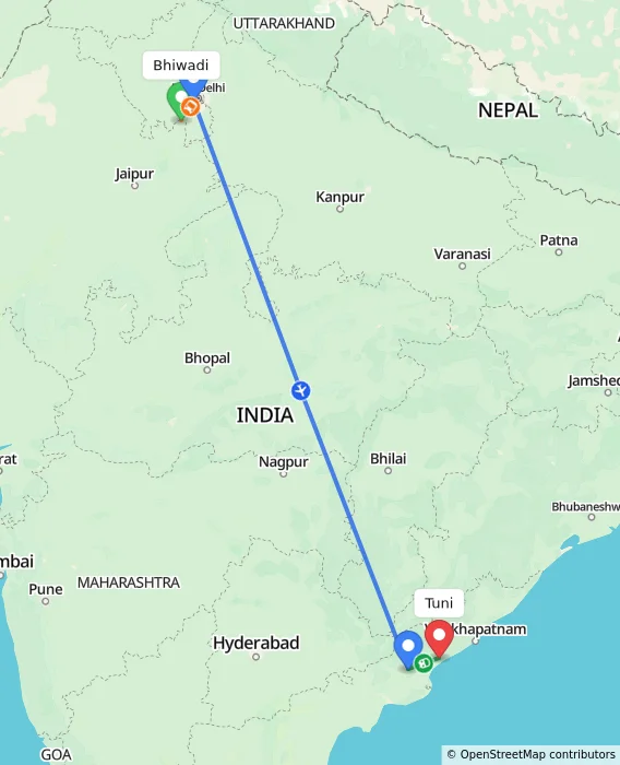 Route map showing distance and travel time from Bhiwadi, India to Tuni, India